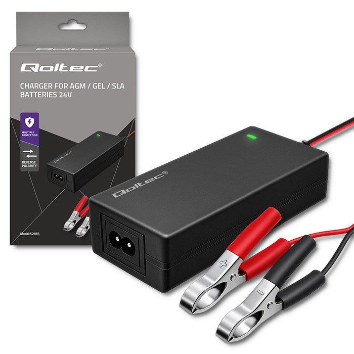Qoltec 52665 Automatisk oplader til AGM GEL STD-batterier | 24V oplader | 2A | 48W | LED | 1,8m kabel #1