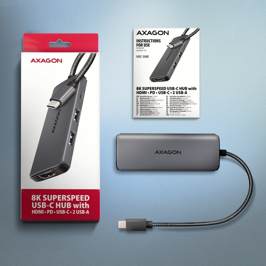 Axagon HMC-5H8K USB 5Gbps hub 2x USB-A USB-C HDMI 8k/30Hz PD 100W kabel USB-C Ledningsfrt USB 3.2 Gen 1 (3.1 Gen 1) Type-C Gr #8