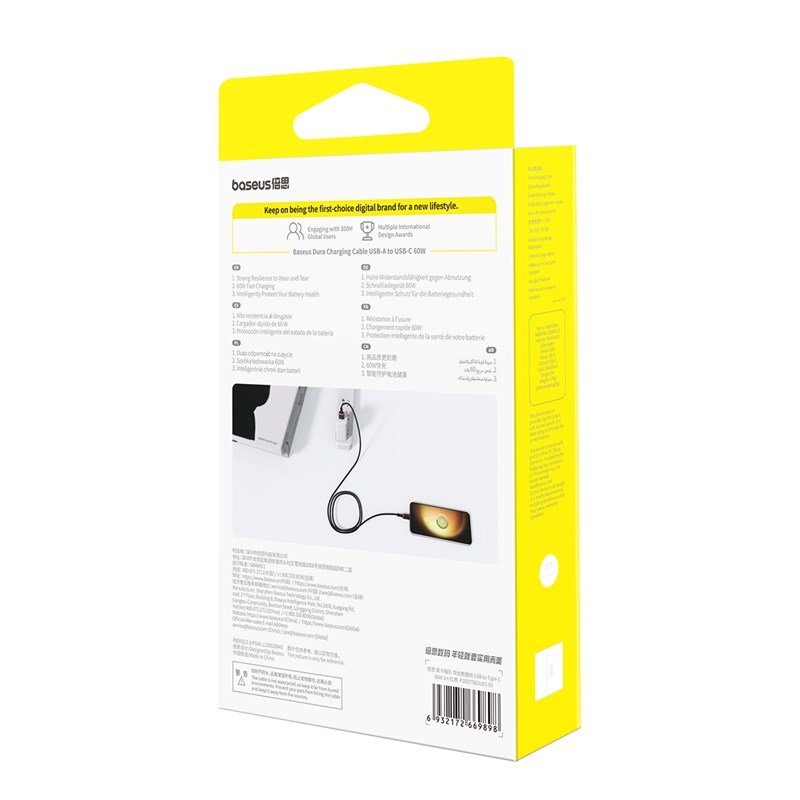 Baseus Dura USB Type A til Type C 60 W hurtigopladningskabel 2 m Sort, Rd #8