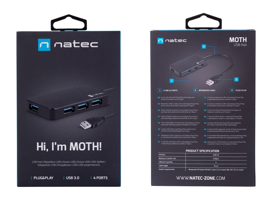 NATEC Hub USB 3.0 Moth (4 porte, sort) #6