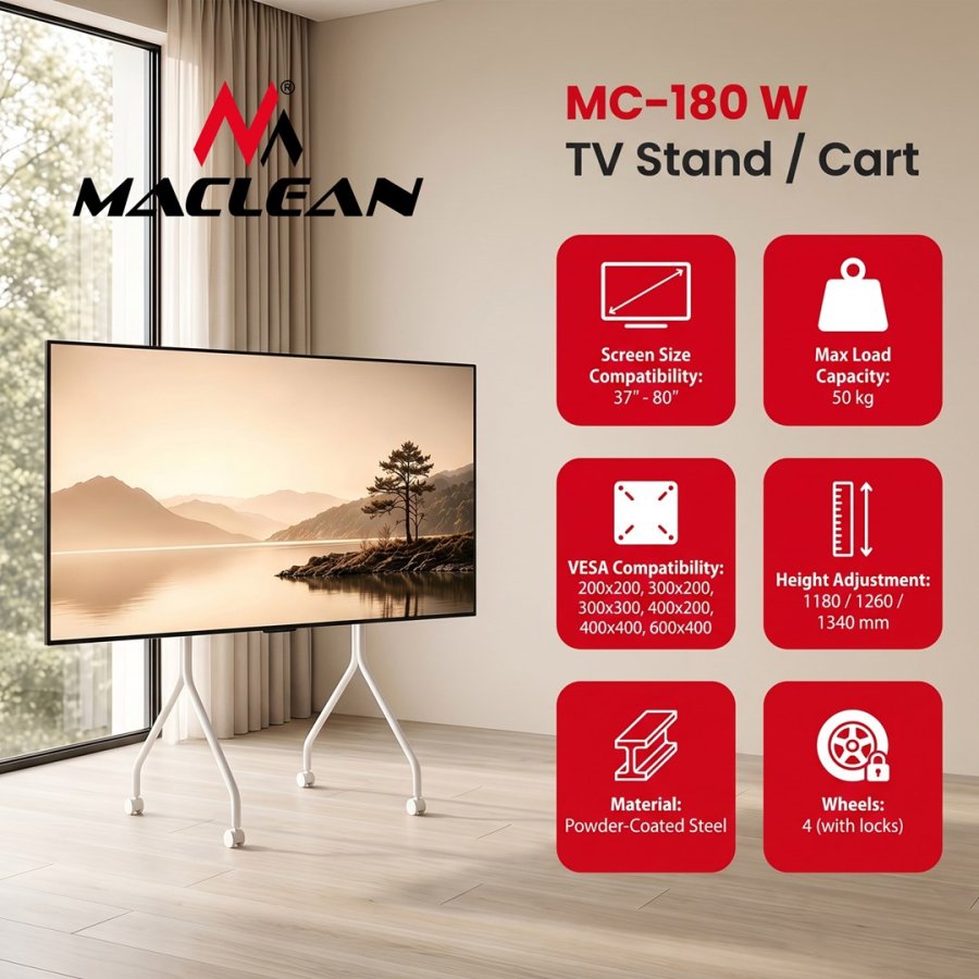 Maclean TV-stativ/vogn, p� hjul, 37-80