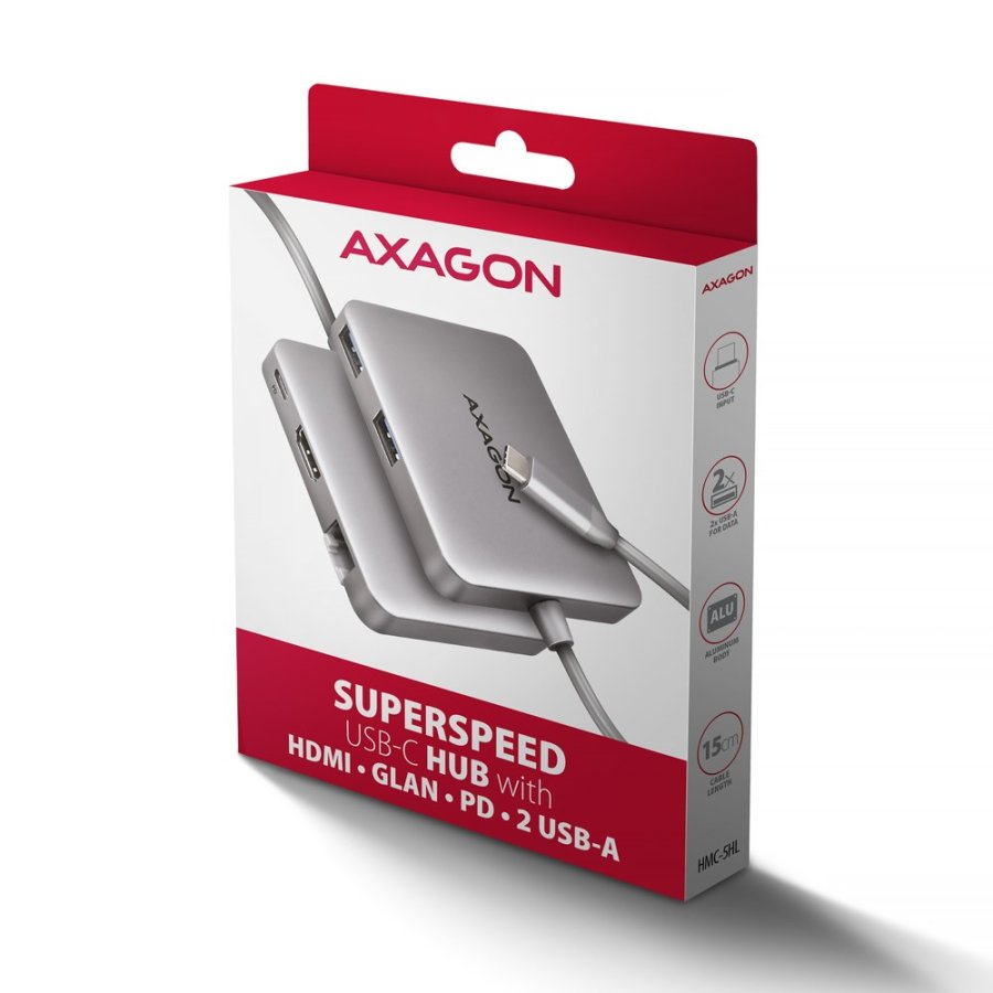 Axagon N HMC-5HL USB 5Gbps hub 2x USB-A HDMI 4k/60Hz RJ-45 GLAN PD 100W kabel USB-C Ledningsfrt USB 3.2 Gen 1 (3.1 Gen 1) Type-C Slv #8