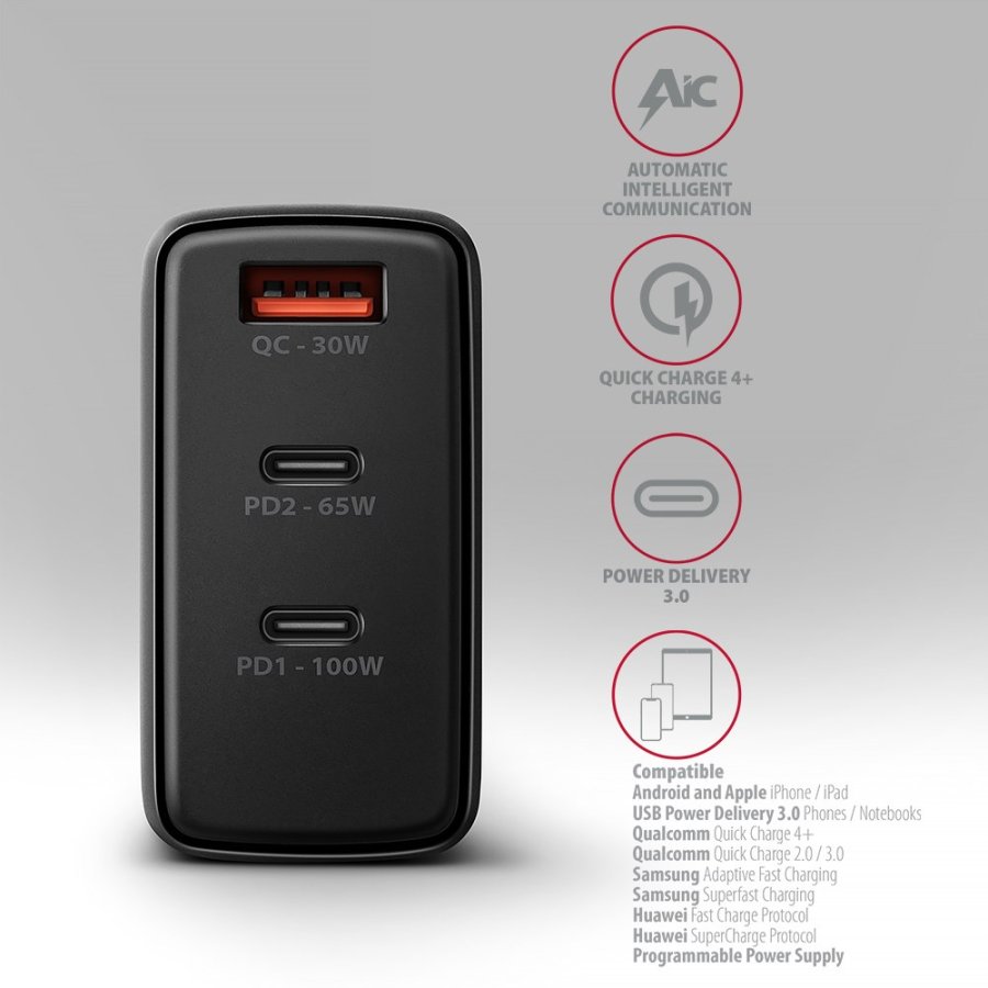 Axagon ACU-DPQ100 oplader til mobil enhed Mobil computer, Mobiltelefon, Netbook, Laptop, Smartphone, SmartWatch, Tablet, Universel Sort Vekselstrm Hurtig opladning Indendrs #5