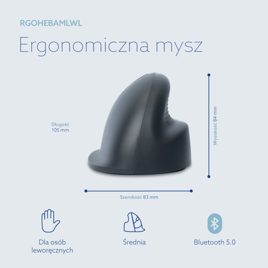 R-Go Tools Lodret mus R-Go HE Basic, ergonomisk mus, medium (h�ndl�ngde 165–185 mm), venstreh�ndet, Bluetooth #14