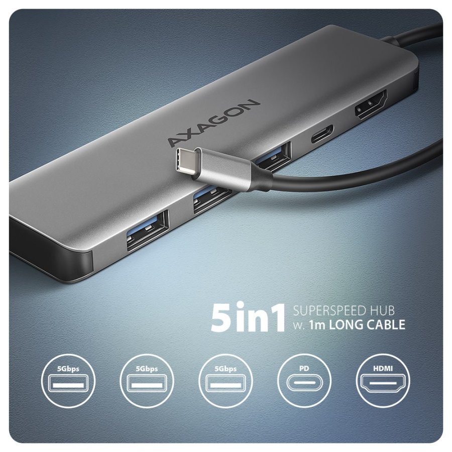 Axagon HMC-5H USB-C 3.2 Gen 1 hub 3x USB-A 4K HDMI PD 100W - Silber Ledningsfrt USB 3.2 Gen 1 (3.1 Gen 1) Type-C Slv #3