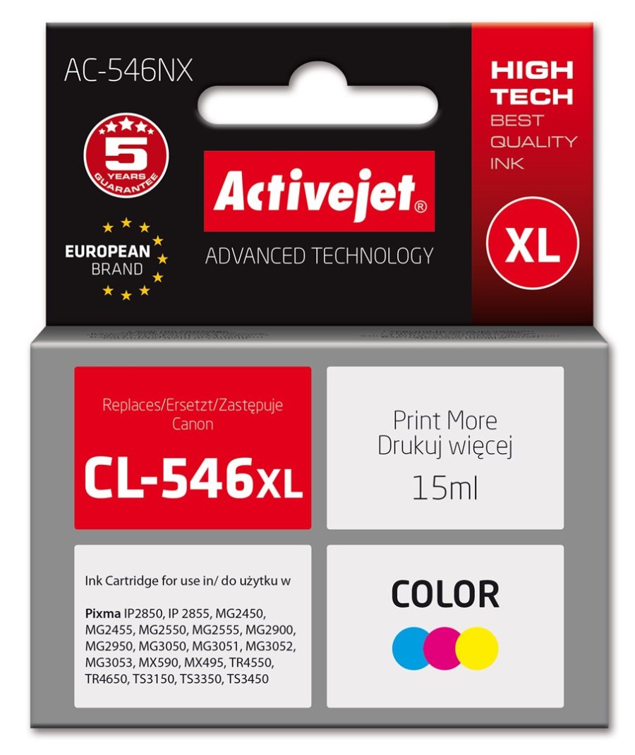 Activejet AC-546NX printerblk til Canon, erstatning for Canon CL-546XL; Supreme; 15 ml; farve, cyan, magenta, gul #1