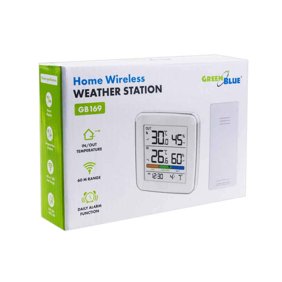 Tr�dl�s vejrstation GreenBlue, temperatur + fugtighed IN/OUT, ur + alarm + dato, valg mellem �C / �F, r�kkevidde op til 60 m, GB169 #11