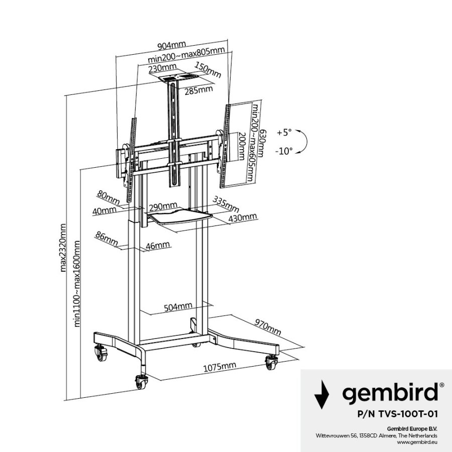 Gembird Stojak pod tv z regulacj wysokoci mobilny 55-100 cali #7