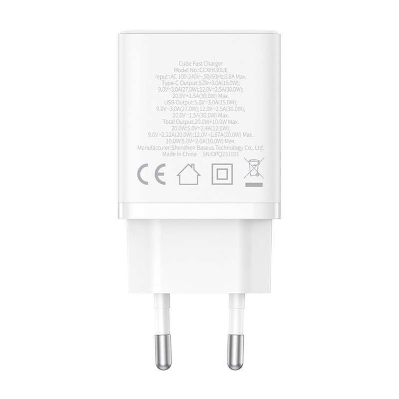 Baseus P10111404213-00 Cube USB-C / USB-A 30W netoplader Hvid #3