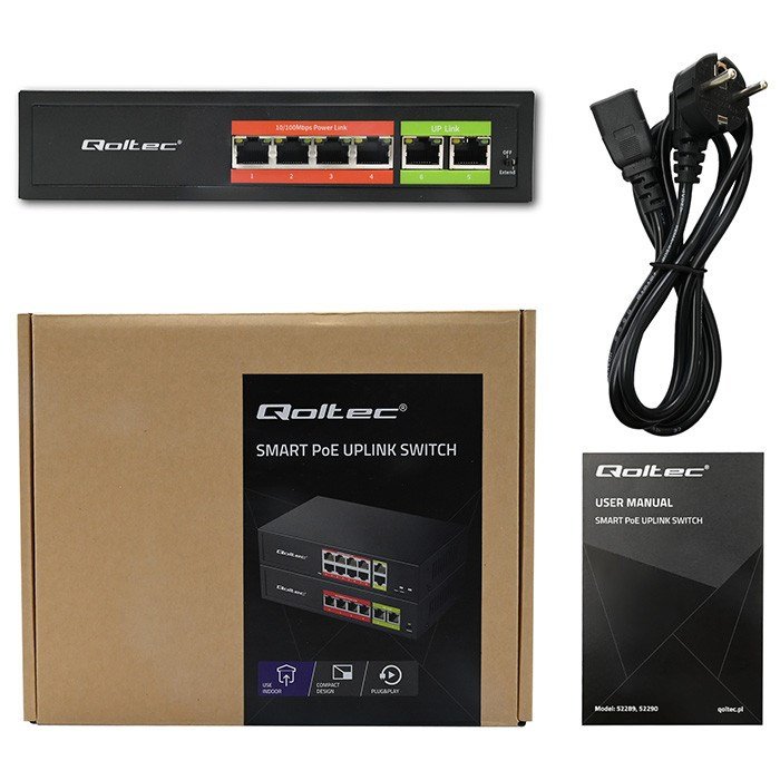 Qoltec 52289 HURTIG Ethernet PoE-SWITCH | 4x RJ45 PoE | 2x RJ45 Uplink | 65W | 10/100 Mb/s #10