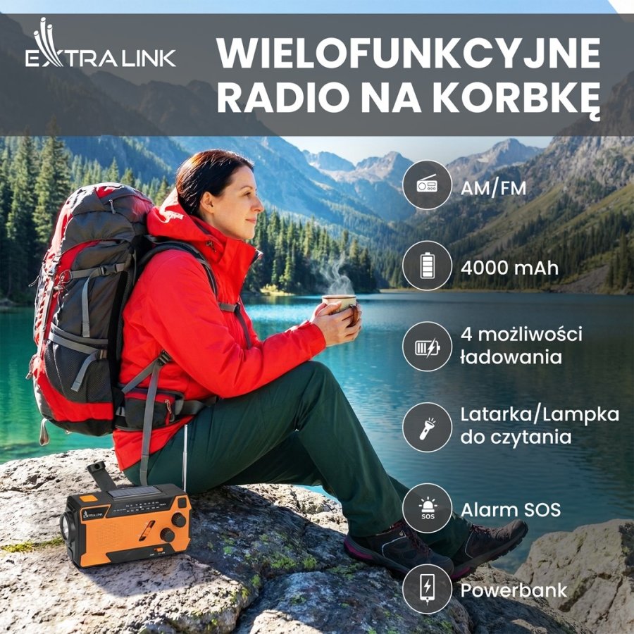 Extralink RADIO AWARYJNE SOLARNE Z KORBKA DYNAMO POWERBANK 4000MAH Z LATARKA SOS SR-4000 B�rbar Analog Sort, Orange #26