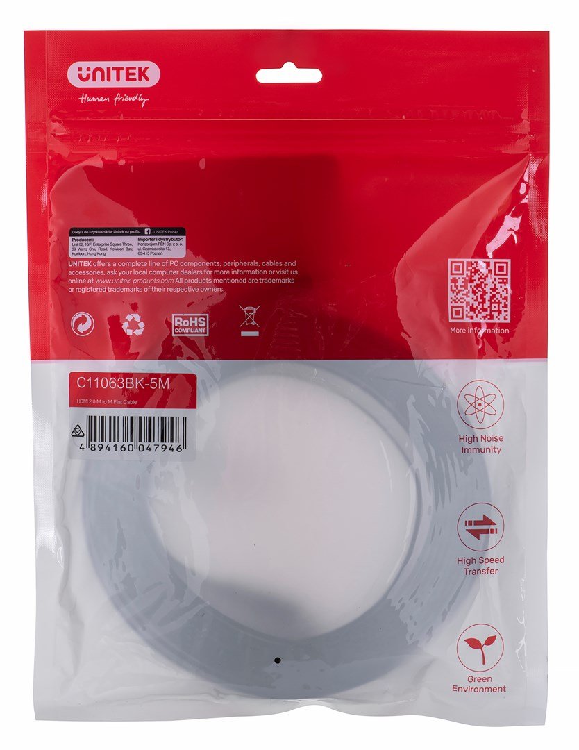 UNITEK HDMI CABLE 2.0 4K60HZ FLAT 5M C11063BK-5M - Kabel - Digital/Display/Video HDMI-kabel 5 m HDMI Type A (Standard) Sort #2
