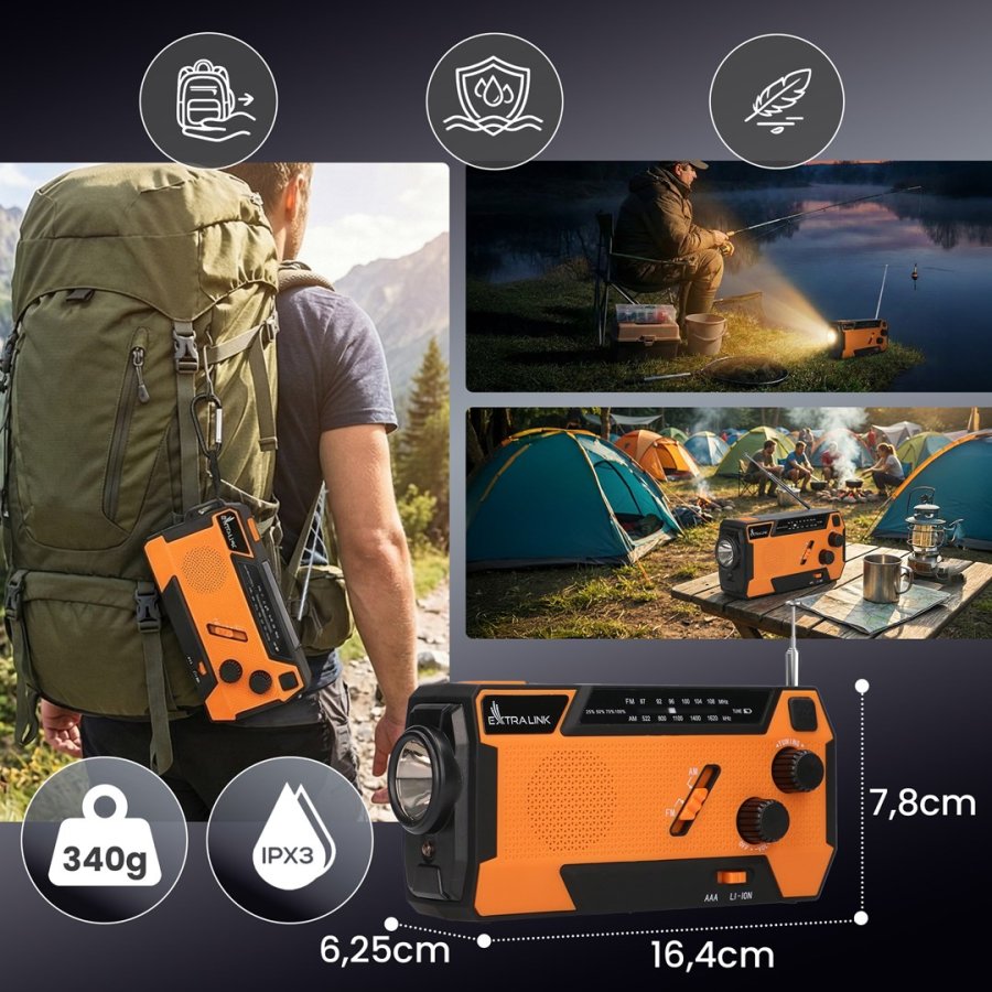 Extralink RADIO AWARYJNE SOLARNE Z KORBKA DYNAMO POWERBANK 4000MAH Z LATARKA SOS SR-4000 B�rbar Analog Sort, Orange #20