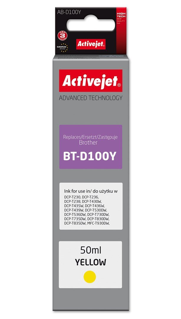 Activejet AB-D100Y Bl�kpatron til Brother-printer, erstatning for Brother BT-D100Y; Supreme; 50 ml; gul #1