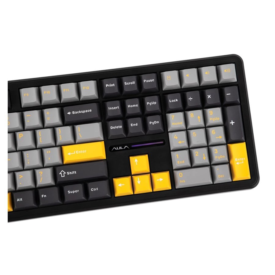 F108-tastatur med gasket-design i gr�, orange og m�rkegr� med Volcano-switches og RGB-belysning  AULA #6
