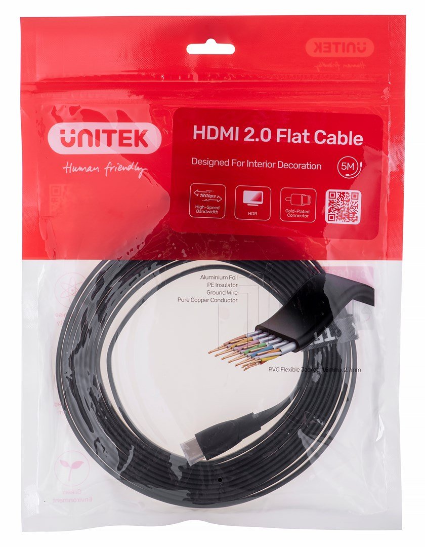 UNITEK HDMI CABLE 2.0 4K60HZ FLAT 5M C11063BK-5M - Kabel - Digital/Display/Video HDMI-kabel 5 m HDMI Type A (Standard) Sort #1