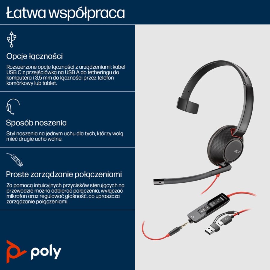 HP Poly Blackwire 5210 USB-C-monoheadset + 3,5 mm stik + USB-C/A-adapter #3