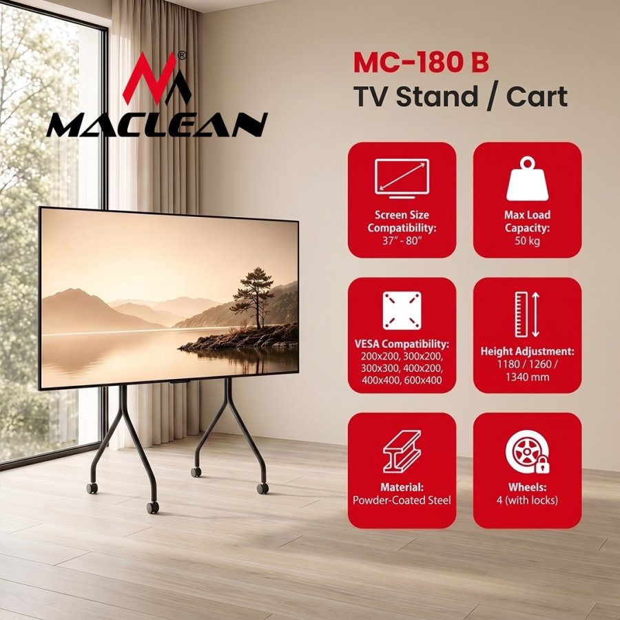 Maclean TV-stativ/vogn, p� hjul, 37-80