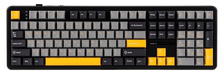 F108-tastatur med gasket-design i gr�, orange og m�rkegr� med Volcano-switches og RGB-belysning  AULA #1