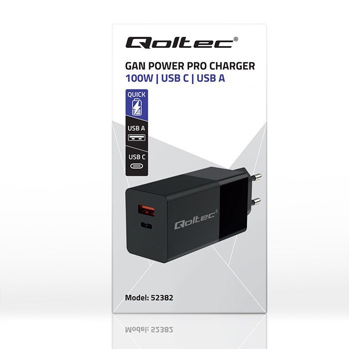 Qoltec 52382 GaN POWER PRO oplader | 1xUSB type C | 1xUSB A | 100W | 5-20V | 1,5-5A | PD | Sort #4
