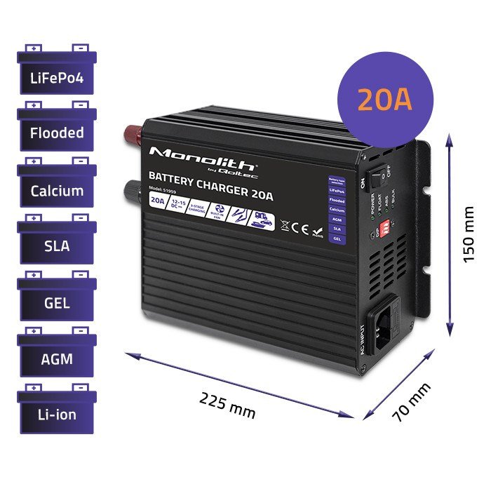 Qoltec 51959 Smart Monolith oplader til LiFePO4 AGM GEL SLA batterier | 20A | 12V #4