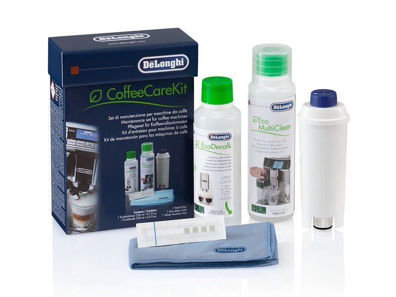 DeLonghi Coffee Care Kit, vedligeholdelsesst til kaffemaskiner med vandfilter, EcoDecalk, Eco MultiClean, mikrofiberklud, vandhrdhedstestpind. #1