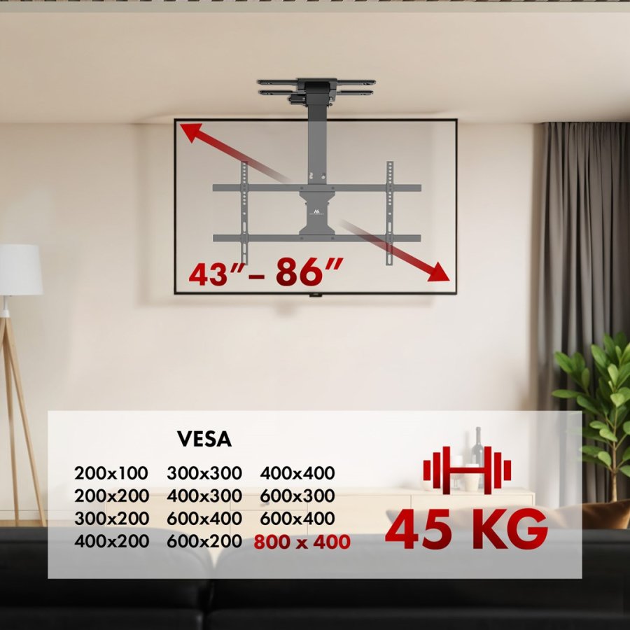 Elektrisk TV-holder fra Maclean, loftmonteret, Tuya-kompatibel, maks. VESA 800x400, til TV 43-86