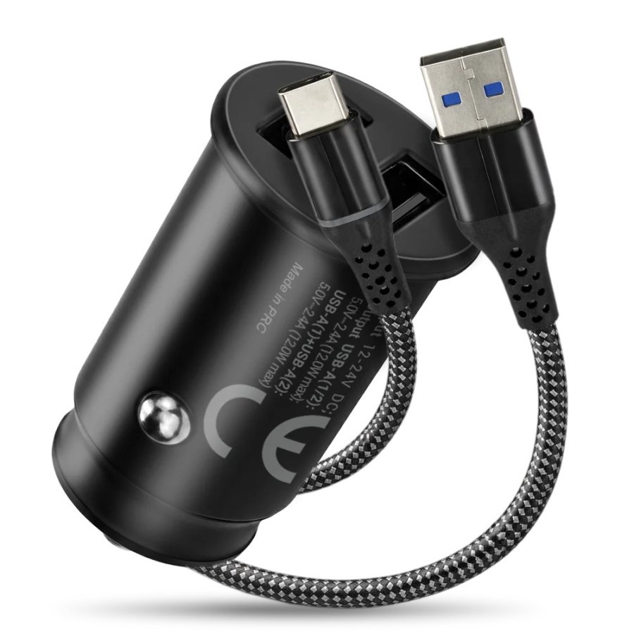 Car charger 2 X USB 12W black + cable USB-C 1m #1