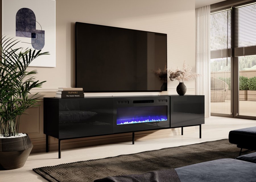 RTV-skab SLIDE 200K med elektrisk pejs p sort ramme 200x40x57 cm, alt i sort blank lak #2