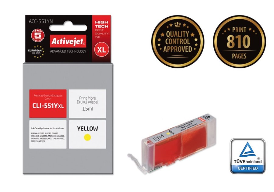 Activejet ACC-551YN blk (Canon CLI-551Y udskiftning; Supreme; 15 ml; gul) #2