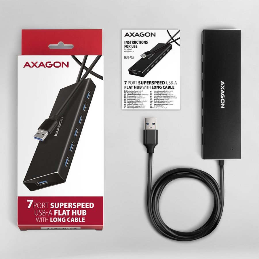 Axagon HUE-F7A 7x USB 3.2 Gen 1 ALU FLAT hub micro power IN 1m USB-A USB 3.2 Gen 1 (3.1 Gen 1) Type-A 5000 Mbit/s Sort #8