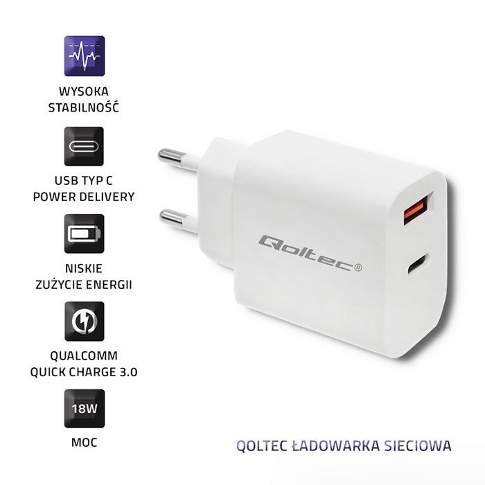 Qoltec 51714 Oplader | 18W | 5-12V | 1,5-3A | USB type C PD | USB QC 3.0 | hvid #3