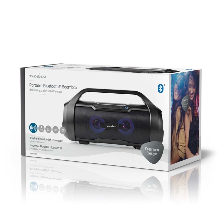 Bluetooth Party Boombox | 6 timer | 2.0 | 120 W | Medieafspilning: AUX / Micro SD / USB | IPX5 | Kan parres | Brehndtag | Fest lys | Sort #20