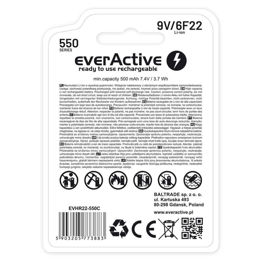 Genopladeligt batteri everActive 6F22/9V Li-ion 550 mAh med USB TYPE C #6