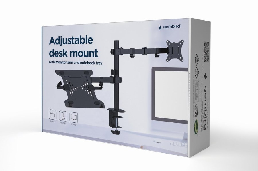 Gembird MA-DA-03 Justerbar skrivebordsmontering med monitorarm og notebookbakke (rotr, vip, drej), 17