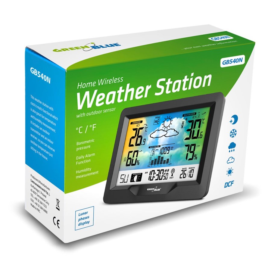 GreenBlue trdls vejrstation, farve, med DCF, mnefaser, barometer, kalender, strmforsyning, GB540N #9