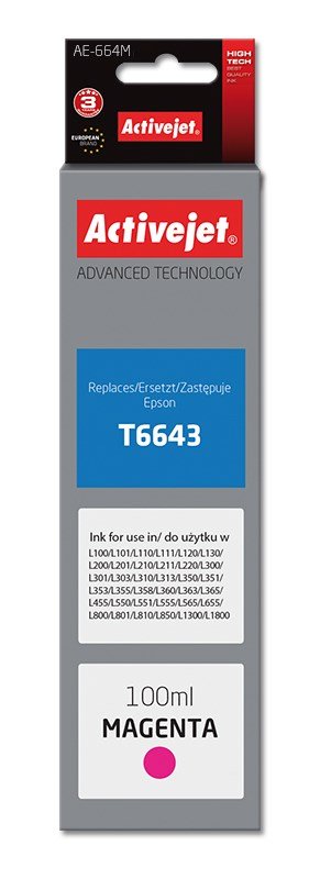 Activejet AE-664M blkflaske til Epson printer, erstatning Epson T6643; Supreme; 100 ml; magenta #1