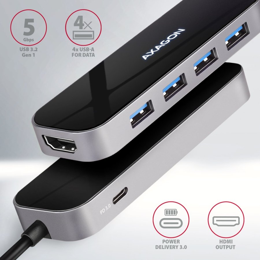 Axagon HMC-6H4A dockingstation Ledningsf�rt USB 3.2 Gen 1 (3.1 Gen 1) Type-C Sort, Gr� #3