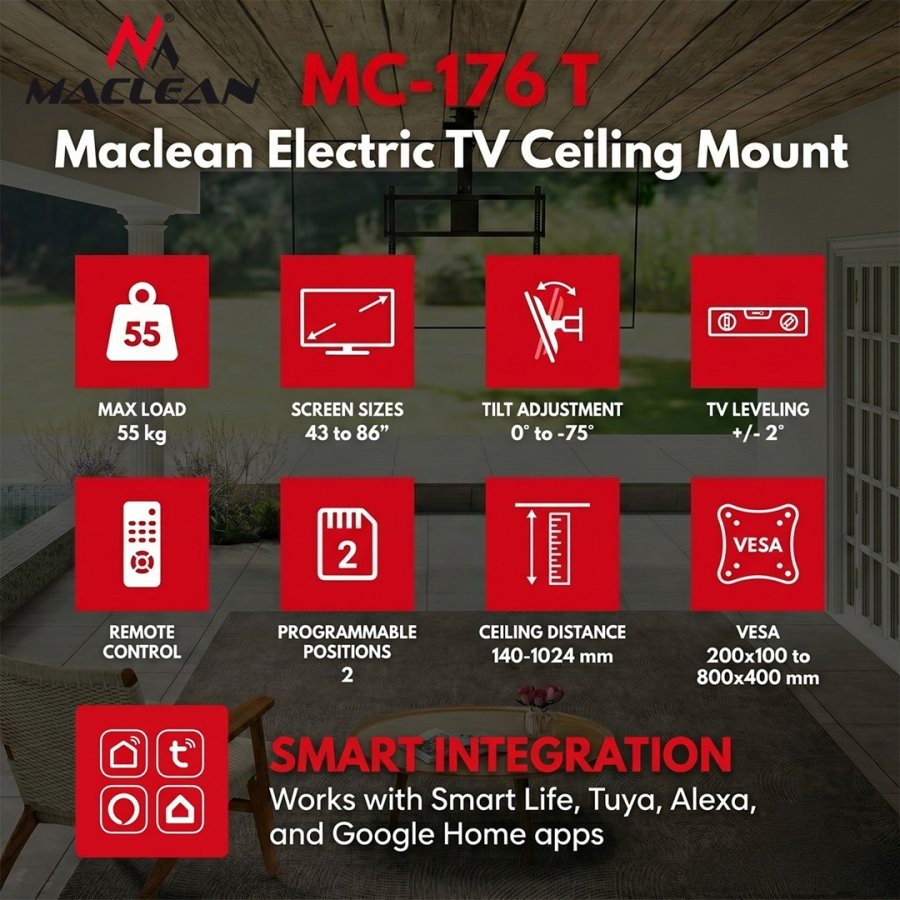 Maclean elektrisk TV-beslag til loftmontering, Tuya-kompatibel, maks. VESA 800x400, til TV 43-86