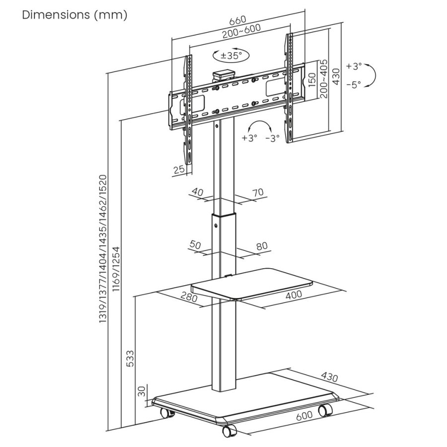 Stativ/vogn til tv Ergo-Office, maks. belastning 50 kg/5 kg hylde, maks. VESA 600x400, indbygget strmskinne, sort, ER-304 B #6