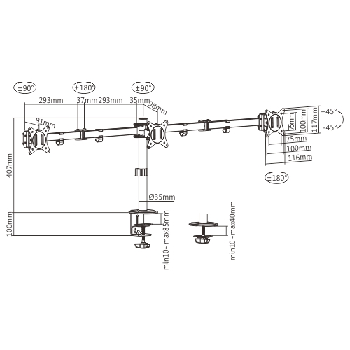 Gembird MA-D3-01 Justerbar skrivebord 3-skrms monteringsarm (rotr, vip, drej), 17