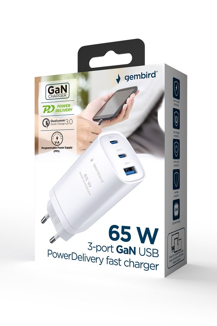 Gembird TA-UC-PDQC65-01-W 3-ports 65 W GaN USB PowerDelivery hurtigoplader, hvid #5