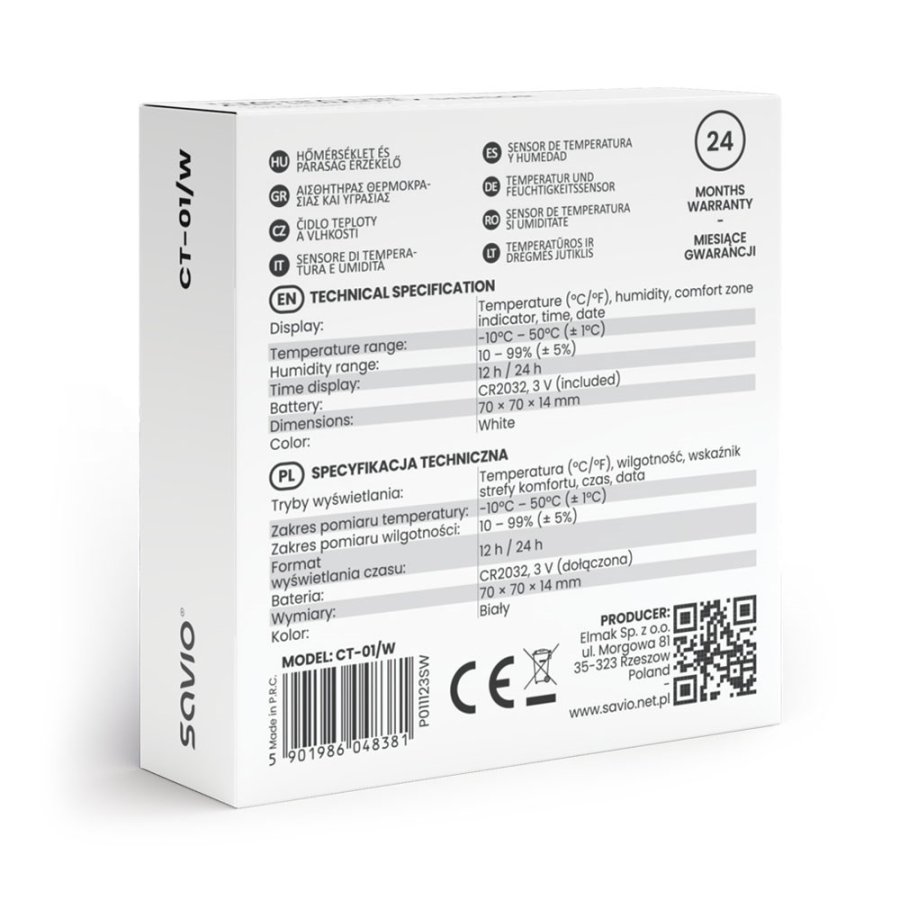 SAVIO Trdls vejrstation, temperatur- og fugtighedssensor, til indendrs brug, LCD-skrm, ur, dato, hndtag med magnet, CT-01/W Hvid #5