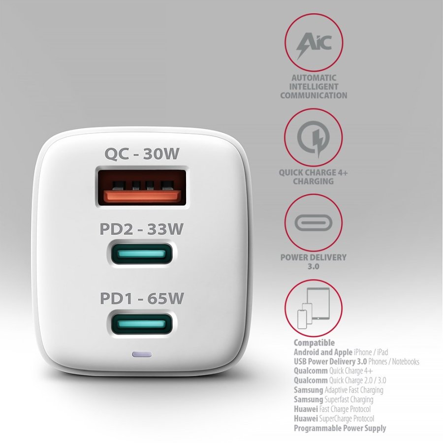 Axagon ACU-DPQ65W oplader til mobil enhed Mobiltelefon, Netbook, Laptop, Smartphone, SmartWatch, Tablet, Universel Hvid Vekselstrm Hurtig opladning Indendrs #5