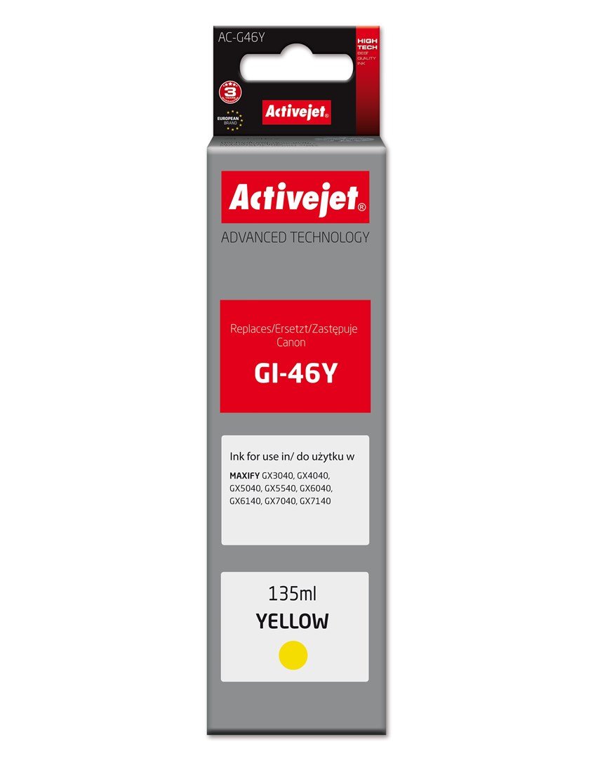 Activejet AC-G46Y Bl�kpatron til Canon-printer, erstatning for Canon GI-46Y; Supreme; 135 ml; gul #1
