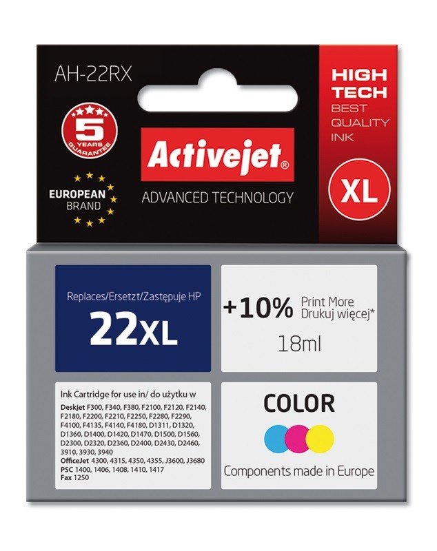 Activejet AH-22RX-blk (erstatning HP 22XL C9352A; Premium; 18 ml; farve) #1