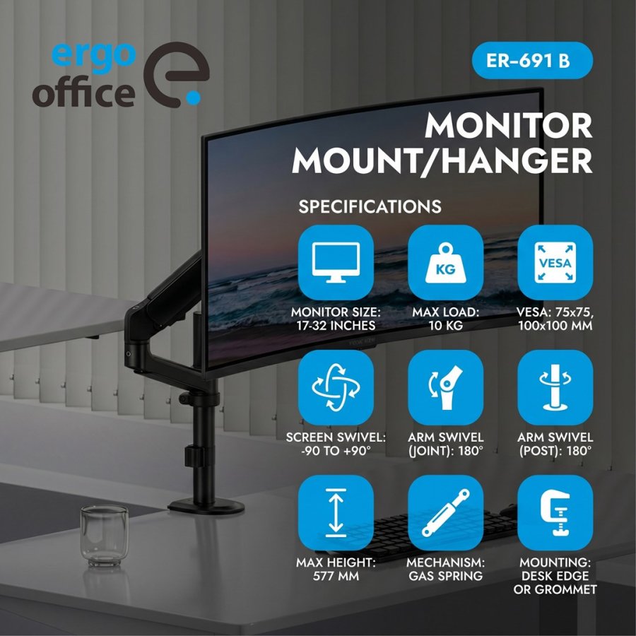 Ergo Office-sk�rmholder/oph�ng, gasfjeder, 17