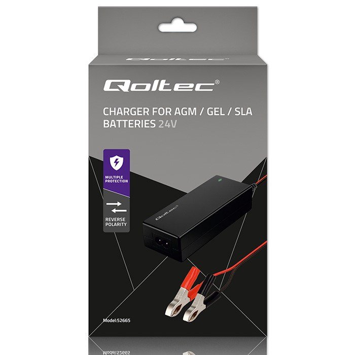 Qoltec 52665 Automatisk oplader til AGM GEL STD-batterier | 24V oplader | 2A | 48W | LED | 1,8m kabel #8