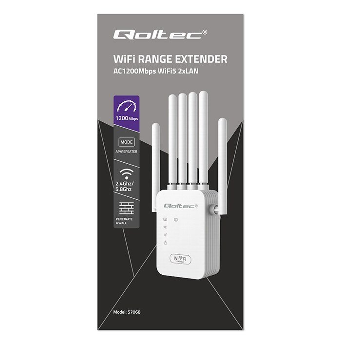 Qoltec 57068 WiFi 5 signalforst�rker | Repeater | Adgangspunkt | AC1200 | 6 antenner | 2x RJ45 | 128MB #64