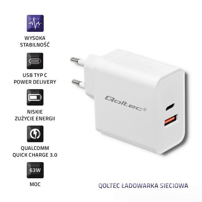 Qoltec 51715 Oplader | 63W | 5-20V | 1,5-3A | USB type C PD | USB QC 3.0 | hvid #4